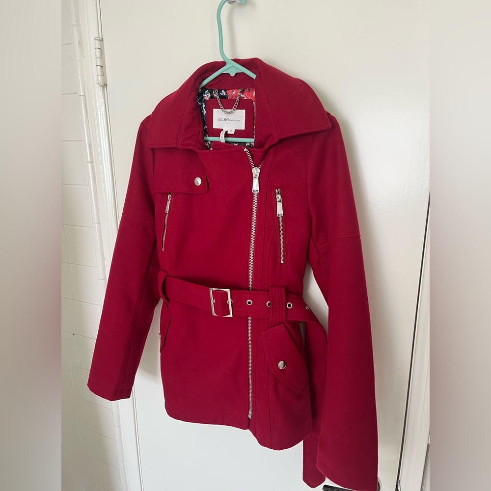 NWOT BCBGeneration red belted wool trench coat with detachable hood - Picture 2 of 6